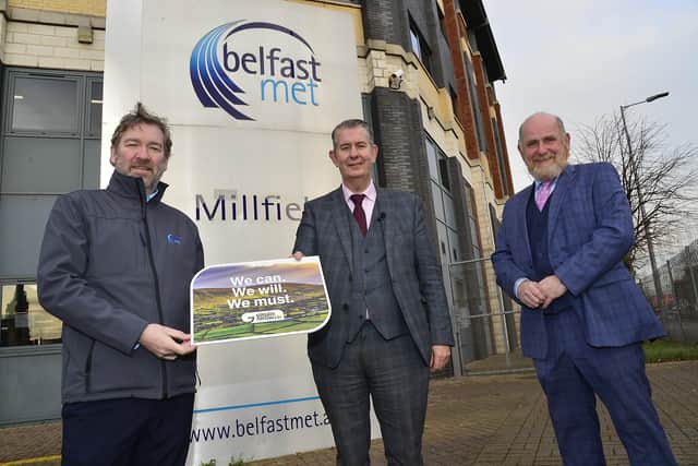 Minister Poots is pictured with (left to right) Chris Corken, Head of Department for Science, Engineering and Construction at Belfast Metropolitan College and Paul McCormack, lead partner of GenComm and innovation manager of Belfast Metropolitan College