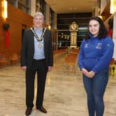 Zara Fulton, Dungiven YFC club leader (right) and Claire Young (secretary) pictured at Cloonavin with the Mayor of Causeway Coast and Glens Borough Council Councillor Richard Holmes who hosted a reception for the club in recognition of their fundraising efforts