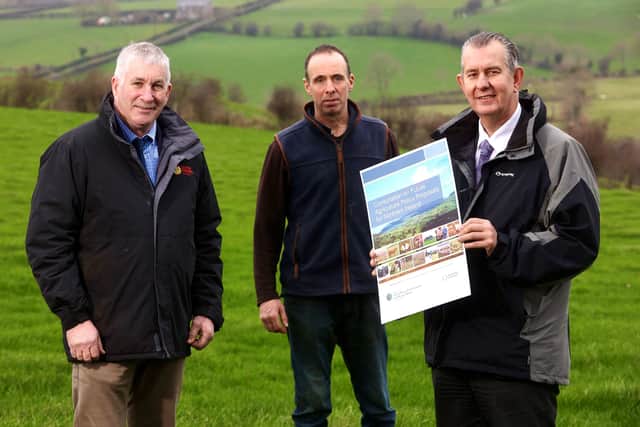 Minister Poots is pictured with (left to right) Victor Chestnutt, President Ulster Farmers' Union and Robert Workman, farmer in Larne.