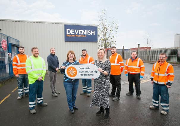Nine long-standing employees at agri-tech business Devenish have successfully completed the firm’s first-ever apprenticeship programme. Pictured from left are: Robert Gilchrist, Richard Smith, Michael Gibson, Matthew Gartland, Marc Gartland, David O’Halloran and Paul Moore with Gillian McAuley, Group HR Director and Claire Espie, Devenish Learning and Development Manager