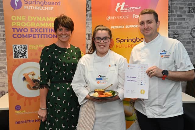 Faith Belshaw (centre), winner of the final NI regional heats of the 2021/22 FutureChef competition, is pictured with Caitriona Lennox from Springboard and Geoff Baird, Business Development Chef at Henderson Foodservice, sponsors of the competition. Faith will now compete against four other regional finalists at the NI Finals in February, with celebrity chef Jean-Christophe Novelli as Head Judge.