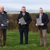 UFU environment committee chairman Bill Harpur, DAERA Minister Edwin Poots and UFU president Victor Chestnutt, at the launch of the Farming with Nature proposals.