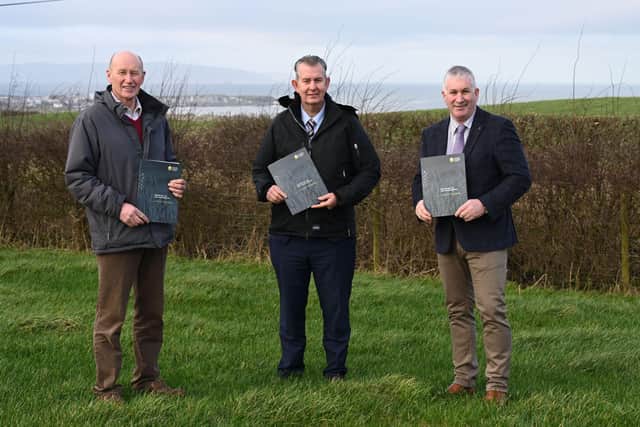 UFU environment committee chairman Bill Harpur, DAERA Minister Edwin Poots and UFU president Victor Chestnutt, at the launch of the Farming with Nature proposals.
