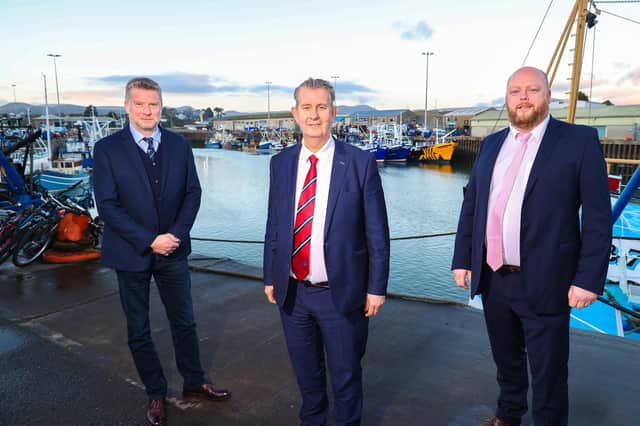 Minister Poots is pictured with (left to right) Alan McCulla, CEO, Anglo-North Irish Fish Producers Organisation (ANIFPO) and  Harry Wick, CEO, Northern Ireland Fish producers Organisation (NIFPO)