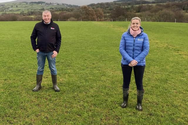 Clement Lynch, one of the new Sheep Grassland Management Technology Demonstration Farmers, pictured with his local CAFRE Adviser, Hannah Doherty.