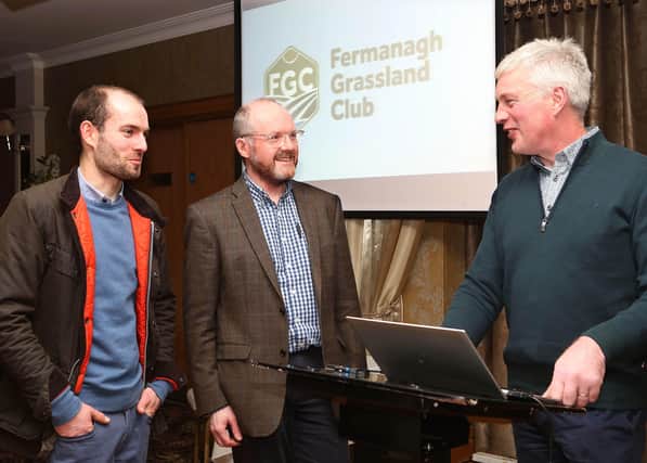 Bushmills dairy farmer, Alastair Cochrane (right) guest speaker at the monthly meeting of Fermanagh Grassland Club with (from left) Nigel Graham, club chairman and William Johnston, secretary.