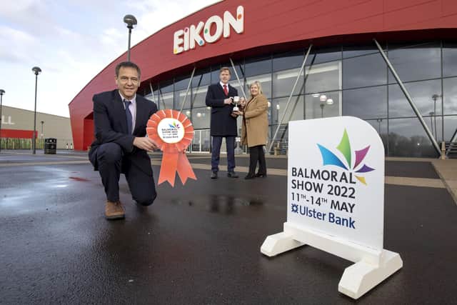 Kickstarting the countdown to the 2022 Balmoral Show in partnership with Ulster Bank is (L-R) Mark Crimmins, Head of Ulster Bank, NI; Rhonda Geary, Operations Director, RUAS and Cormac McKervey, Senior Agriculture Manager, Ulster Bank.