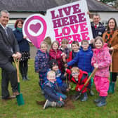 DAERA Minister Edwin Poots pictured launching the School Pollinator Garden Scheme with local children from Carr Primary School outside Lisburn with (L-R) Helen Tombs - Manager Live Here Love Here, Lee Stevenson Acting Principal - Carr Primary School and Dr Ian Humphrey - Chief Executive Keep Northern Ireland Beautiful.
