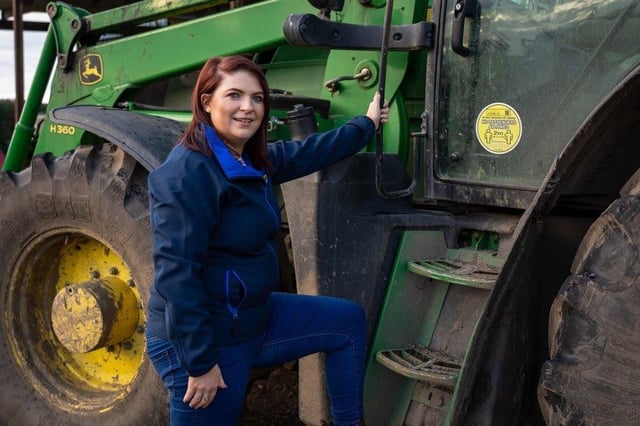Limerick woman Karen O'Donoghue has been working with her father's Agri Contracting business since she was 16 years old.  They do all kinds of work such as precision chop silage, round & square baling, raking, tedding, slurry spreading, dumper hire, wrapping and stacking bales and plowing and tillage work.  Now with baby Clodagh in tow, Karen still remains stone mad for John Deeres!