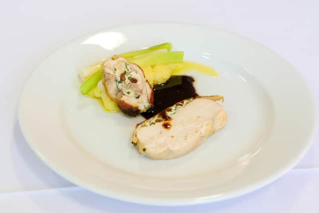Michael's winning main course: stuffed chicken breast and thigh, chicken mousseline, buttery mash and chicken jus
