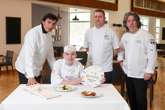 Michael Thompson from Campbell College has been named Springboardâ€TMs FutureChef Northern Ireland winner. Michael is pictured with chefs and judges (from left) Jean Christophe Novelli, Geoff Baird from competition sponsor, Henderson Foodservice and Michael Deane.