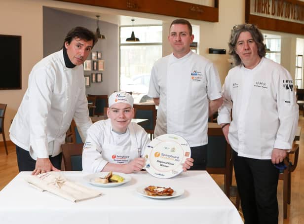 Michael Thompson from Campbell College has been named Springboardâ€TMs FutureChef Northern Ireland winner. Michael is pictured with chefs and judges (from left) Jean Christophe Novelli, Geoff Baird from competition sponsor, Henderson Foodservice and Michael Deane.