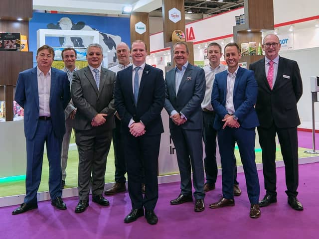 Pictured at the Northern Ireland stand at Gulfood 2022, the world's largest food expo, are (l-r) Robin Wall, Export Director, Tayto; Jago Pearson, Chief Strategy Officer, Artisan Finnebrogue; Mel Chittock, Interim CEO, Invest NI; Mark McCaffrey, Commercial Director, Crust & Crumb; Economy Minister Gordon Lyons; Mark Gowdy, Commercial Director, Whites Oats; Peter Meeke, Regional Director, Greenfield International; Stuart Best, Business Development Manager, Whites Oats; and Charlie Miller, Director MENA, Greenfields International.