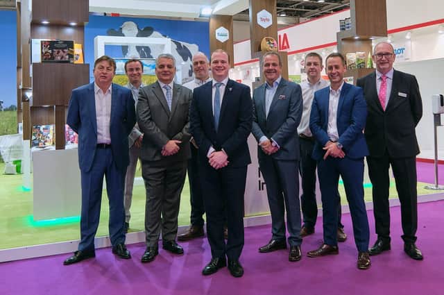 Pictured at the Northern Ireland stand at Gulfood 2022, the world's largest food expo, are (l-r) Robin Wall, Export Director, Tayto; Jago Pearson, Chief Strategy Officer, Artisan Finnebrogue; Mel Chittock, Interim CEO, Invest NI; Mark McCaffrey, Commercial Director, Crust & Crumb; Economy Minister Gordon Lyons; Mark Gowdy, Commercial Director, Whites Oats; Peter Meeke, Regional Director, Greenfield International; Stuart Best, Business Development Manager, Whites Oats; and Charlie Miller, Director MENA, Greenfields International.