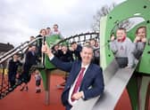 Minister Poots is pictured with children from Newtownstewart Model Primary School and St Patrick’s Primary School, Newtownstewart.