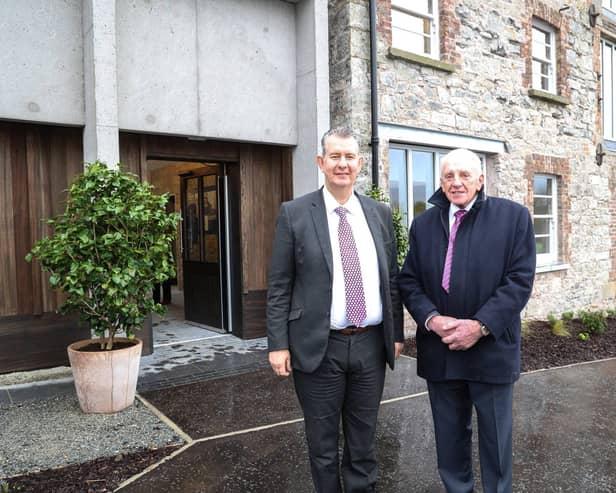 DAERA Minister Edwin Poots MLA is pictured with Jim Brady, Chair of Caledon Regeneration Group (CRG) to launch the £4.2million Village Catalyst programme which is an innovative capital funding programme, led by DAERA and DfC.