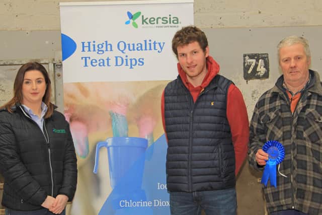 The reserve champion female at the February Dungannon Dairy Sale was exhibited by Wilson Patton, Ards Herd, Bangor, right. Adding their congratulations are sponsor Emma Kerrigan, Kersia; and judge Robert Stewart, Quinton Herd, Portaferry. Picture: Julie Hazelton