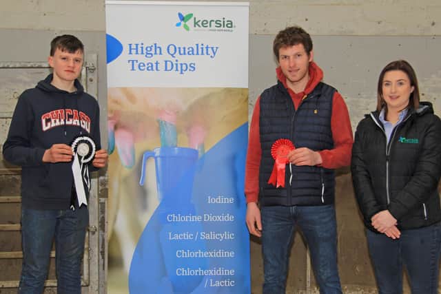 Champion female at the February Dungannon Dairy Sale was Carrowcroft Batman Daphne PLI £443 sold for 3,050gns. James Patton, left, received the award from judge Robert Stewart, Portaferry; and Emma Kerrigan, Kersia, sponsor. Picture: Julie Hazelton
