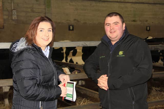 Enjoying the craic at the February Dungannon Dairy Sale are sponsor Emma Kerrigan, Kersia; and Peter McFarland from Newtownstewart. Picture: Julie Hazelton