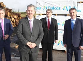 Agriculture, Environment and Rural Affairs Minister, Edwin Poots MLA visited Balcas Timber Ltd to support 'Time for Timber', the global wood manifesto.  Pictured with the Minister are Mike Glennon, Managing Director Glennon Bros, Brian Murphy, CEO Balcas and Pat Glennon, Managing Director Glennon Bros.