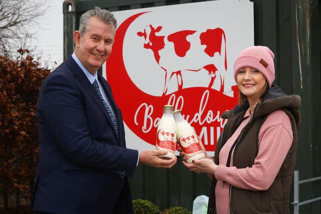 Minister Poots is pictured with Stephanie Martin from Ballydown Milk in Banbridge.