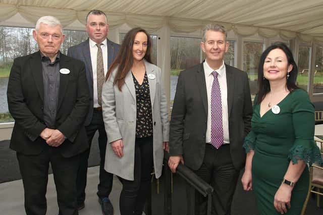 DAERA Minister Edwin pictured with Mark Conway (Kildress Community Hub), Richard Beattie (Glenpark Estate), Maire McNamee (Real Life in Munterloney), Minister Poots & Anita McConnell (Badoney Development Partnership) at Glenpark Estate outside Omagh.