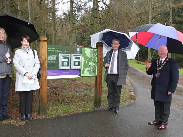 DAERA Minister Edwin pictured touring the new facilities at Gortin Forest Park with Alison McCullagh (Chief Exec Fermanagh & Omagh District Council), Kim McLaughlin (Director of Regeneration & Planning Fermanagh & Omagh District Council), Minister Poots & Errol Thompson (Chairman Fermanagh & Omagh District Council)