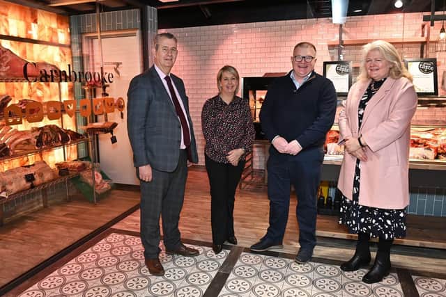 DAERA Minister Edwin Poots pictured (L-R) at Carnbrooke Farm Shop with owners Jason and Jacqueline Hamilton, and Michele Shirlow, CEO FoodNI.