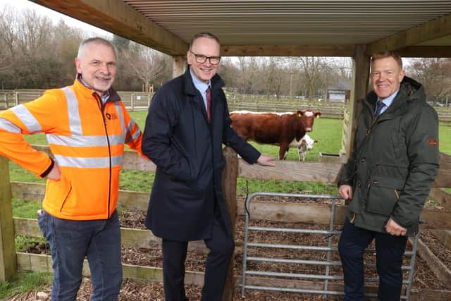 Farm Supervisor, Richard McKitterick and council’s Chief Executive, Roger Wilson with Adam Henson. Image: McAuley Multimedia