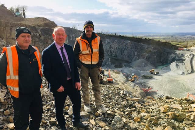 William Irwin MLA pictured with Mark and Robert King of Kings Quarry, Armagh, discussing the impact the red diesel rebate changes will have on quarrying.
