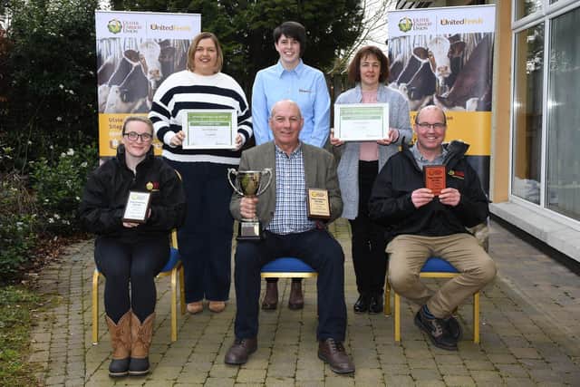 Round Bale N.I. winners: Back row (l-r): Janette Stirling South Antrim Group, Kathryn McKeown United Feeds, Linda McNeilly West Antrim Group. Front row (l-r): Jayne Harkness (2nd place winner), Crosby Cleland (1st place winner), Gregg O’Boyle (3rd place winner).