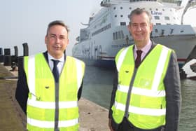 Agriculture Minister Edwin Poots and Paul Grant, Trade Director of the Irish Sea for Stena Line pictured at the Stena Line, Belfast Terminal.