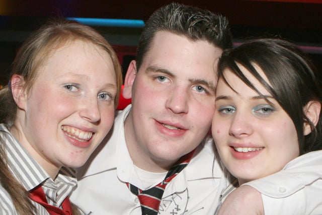 Danielle Black, George Campbell and Samantha Mairs pictured at the St. Trinian's disco in the Coach, Banbridge, in 2007. Image: Kevin McAuley