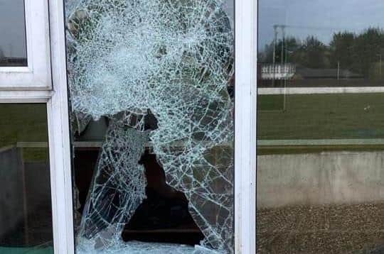 One of the smashed windows at Ballymoney Showgrounds on the North Road