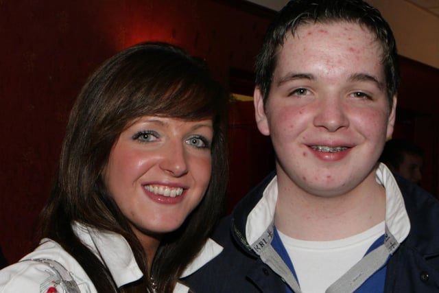 Sara Jane Allen and Brook Allen pictured at the Collone YFC boiler suit party at Banville Hotel, Banbridge, Co Down in 2008. Image: Kevin McAuley