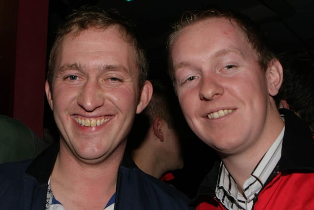 James Stevenson and George McCall pictured at the Collone YFC boiler suit party at Banville Hotel, Banbridge, Co Down in 2008. Image: Kevin McAuley