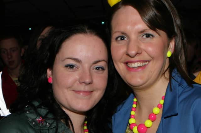 Lisa Callan and Angela McGrillen pictured at the Collone YFC boiler suit party at Banville Hotel, Banbridge, Co Down in 2008. Image: Kevin McAuley