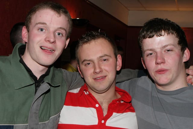 Quincey Pearson, Derek Mawhinney and William Brown pictured at the Collone YFC boiler suit party at Banville Hotel, Banbridge, Co Down in 2008. Image: Kevin McAuley