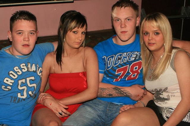 Emma Moorehead, Ryan Calderwood, Nicola Kennedy and Darren Calderwood pictured during the Holestone boiler suit party at the Fort Royal in 2008. Image: Kevin McAuley