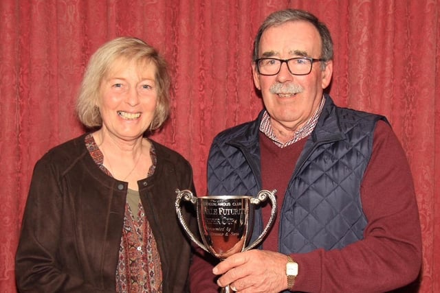 2020: Futurity heifer prize winners Hylda Mills, second; and Robert Sufferin, first, collected their awards at the NI Aberdeen Angus Club's AGM in Dungannon. Picture: Julie Hazelton
