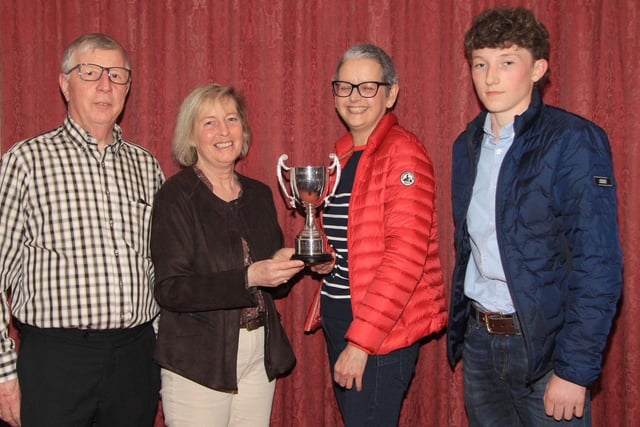 2020: Prize winners in the best cow family category, Gail Matchett, Birches, first; Josiah Clements, Ballyronan, second; and Rev Sean Moore, Keady, third, with NI Aberdeen Angus Club vice-chairman Hylda Mills. Picture: Julie Hazelton