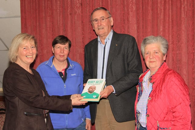 2021: NI Aberdeen Angus Club office bearers, Hylda Mills, chairman; Ruth Strain, treasurer; and Cathy O'Hara, secretary; present a token of appreciation to Harold Walker, to mark his retirement as manager at Dungannon Rugby Club. Picture: Julie Hazelton