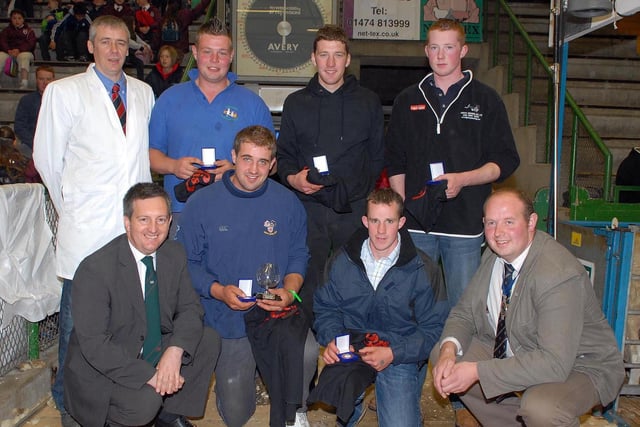 YFCU President Adrian Cooper (bottom right), David John from sponsors of the event Lister Shearing Equipment Limited (bottom left) and Chief Judge Gareth Kelly (back right) join YFCU members that took part in the Association’s Novice Sheep Shearing Competition at Balmoral Show 2007.  Pictured are Robert Davidson (Gleno Valley YFC), John Harbinson (Coleraine YFC), Darren McKinty (Straid YFC), Philip Milligan (Gleno YFC) and Dennis Taylor (Coleraine YFC).