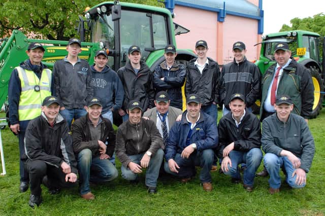 YFCU President Adrian Cooper (front centre), Ivan Stevenson from sponsors of the event Johnson Gilpin and Company Limited (back right) and Harry Barr of the Health and Safety Executive for Northern Ireland (back left) join the competitors of the YFCU Machinery Handling Competition before the competition begins at Balmoral Show 2007. Representing Antrim was Samuel Dunlop and Alistair Taylor from Finvoy YFC; for County Armagh was William Gilpin and Philip Reid of Collone YFC; Andrew Cowan (Annaclone and Magherally YFC) and Thomas McKelvey (Spa YFC) represented County Down; flying the flag for County Fermanagh was Richard Dunn and Steven Dunn from Lisbellaw YFC; taking part for County Londonderry was Philip Keatley (Moneymore YFC) and Andre Wylie (Kilrea YFC) and finally representing County Tyrone was Gareth Young (Derg Valley YFC) and Alywin McIlwaine (Newtownstewart YFC).
