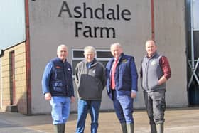 Antrim dairy farmers David and Alan Wallace, welcoming TUV leader Jim Allister, and the party's South Antrim election candidate Mel Lucas, to Ashdale Farm.