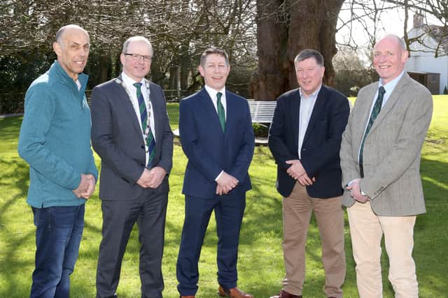 Harold Johnston, President UGS pictured second left with Grassland Farmer of the Year judges Norbury Royle; Ian McCluggage and Jim Freeburn accompanied by Rodney Brown, Head of Agribusiness, Danske Bank who again sponsored the competition