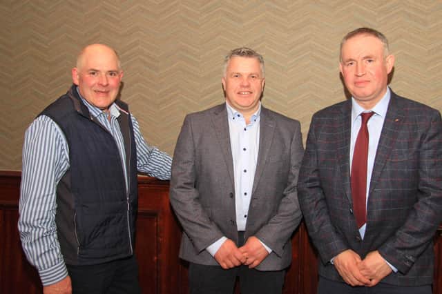 Brian Jamieson, right, Dairy Herd Management, sponsor of Holstein NIâ€TMs 22nd AGM, is pictured with outgoing chairman Iain McLean, Bushmills; and Alex Walker, Randalstown. Picture: Julie Hazeltom