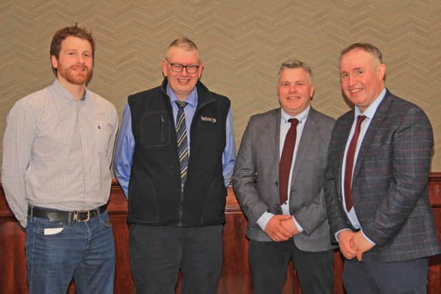 Holstein NI office bearers, from left: Jonny Lyons, vice-chairman; John Martin, secretary/treasurer; and Alex Walker, chairman, with sponsor Brian Jamieson, Dairy Herd Management, at the clubâ€TMs 22nd AGM in Antrim. Picture: Julie Hazelton