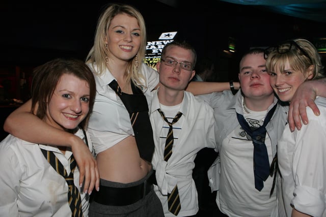 Catherine Maybin, Julie Ann Kearns, Robin McCartney, Lee Hunter and Julie Stewart pictured at the St Trinian's night disco held at the Coach in Banbridge, organised by Artana YFC in 2009. Picture Steven McAuley/Kevin McAuley Photography Multimedia.