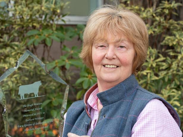 Barbara Webster has been awarded the Aberdeen-Angus Cattle Society’s Hugh Watson Memorial Award for outstanding service to the Aberdeen-Angus breed.